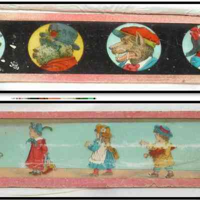 The image displays two glass slides featuring anthropomorphic animals and children in various activities.