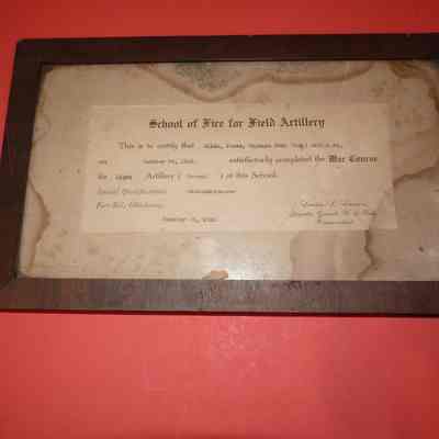 Framed School of Fire and Field Artillery graduation document