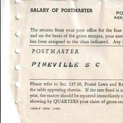 Salary of Postmaster, Pineville, SC, 1950