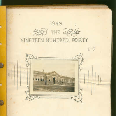 PDF: The image is the cover page of the 1940 annual yearbook for Macedonia High School, featuring the title "The Nineteen Hundred Forty" at the top in elegant font, surrounded by decorative elements. Below the title, there is a sepia-toned photograph of what appears to be the school's building, framed with artistic embellishments. Towards the bottom of the page, the words "Annual of Macedonia High School" are written, flanked by illustrations of two open books.