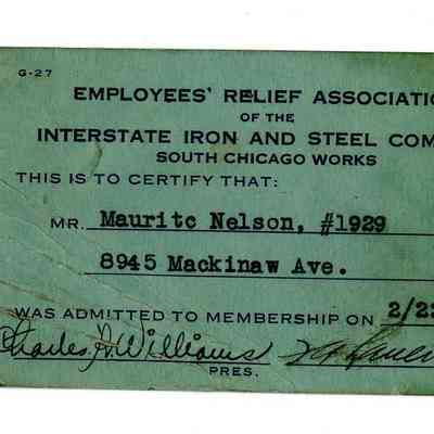2024.17.1_009_Front: Membership card, Interstate Iron and Steel Co. Employees' Relief Association, 1932